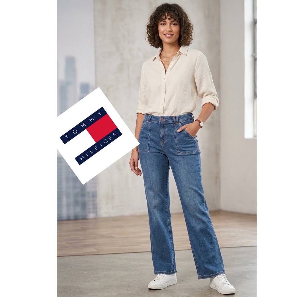 Tommy Hilfiger Womens Straight Leg Patch Pocket Jeans Medium Wash Blue Size 12
